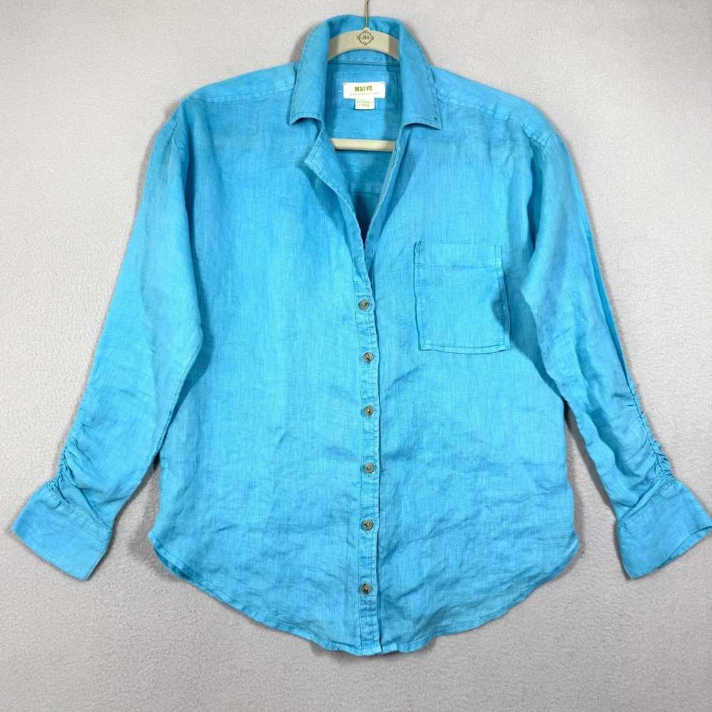 Maeve Anthropologie Linen Top Women XXS Button Down Shirt Turquoise Blue Relaxed